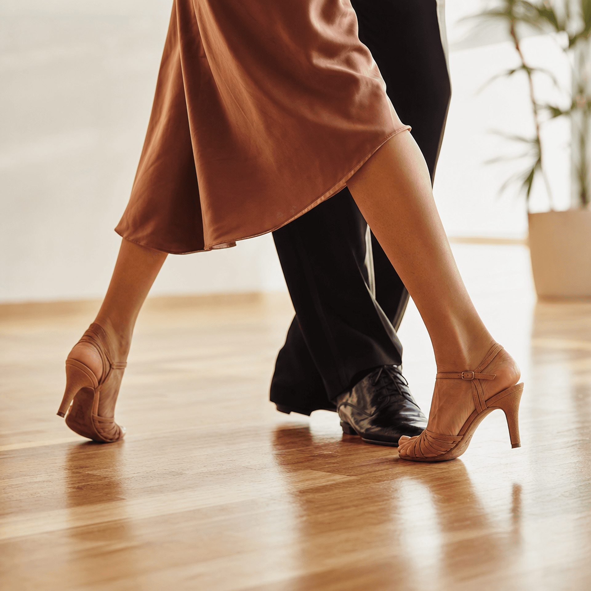 Close detail of dance shoes on the studio floor